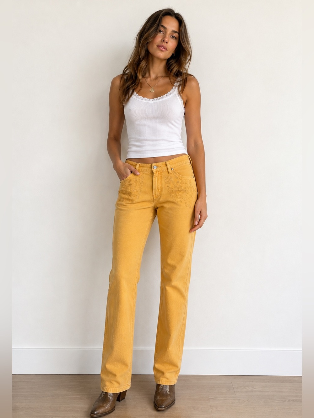 ETRO Milano Jeans 30 Mustard Yellow Embroidered Paisley Y2K Boho Italy $950